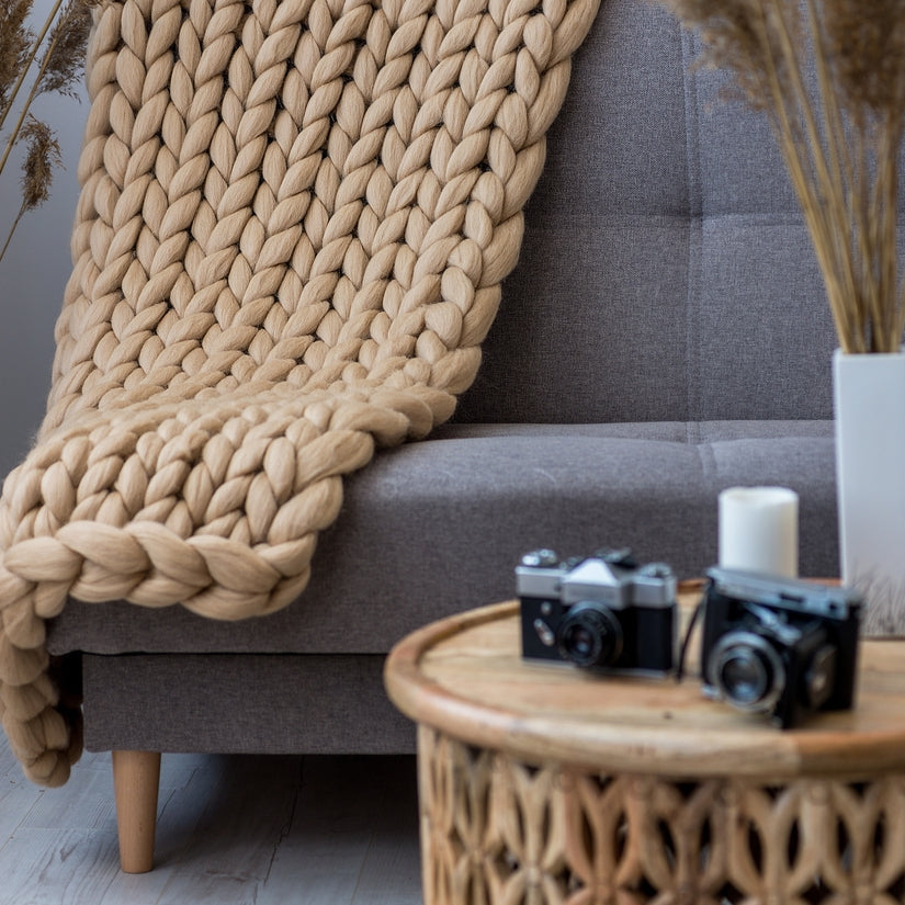 Decorative Bed Blanket, Arm Knitted from Merino Wool