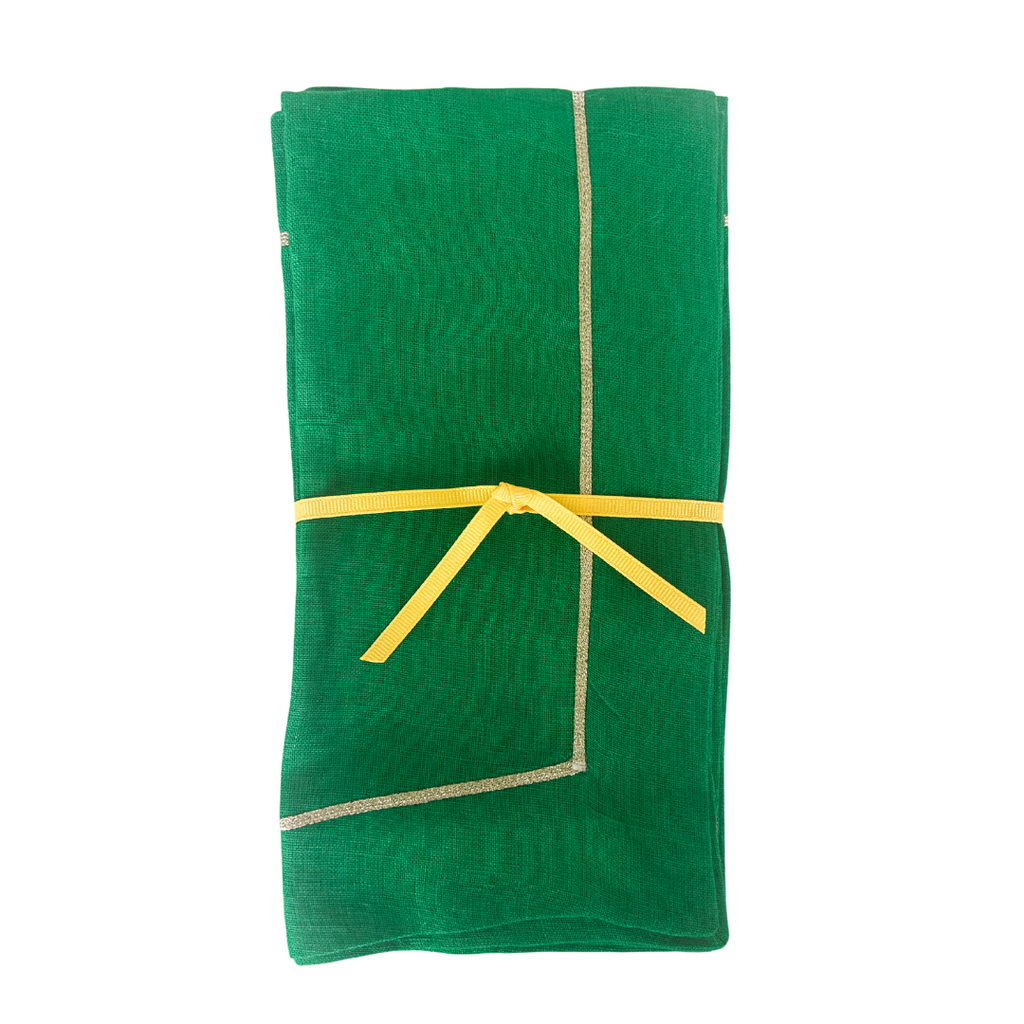 Kelly Green Linen Napkin with Gold- set of two